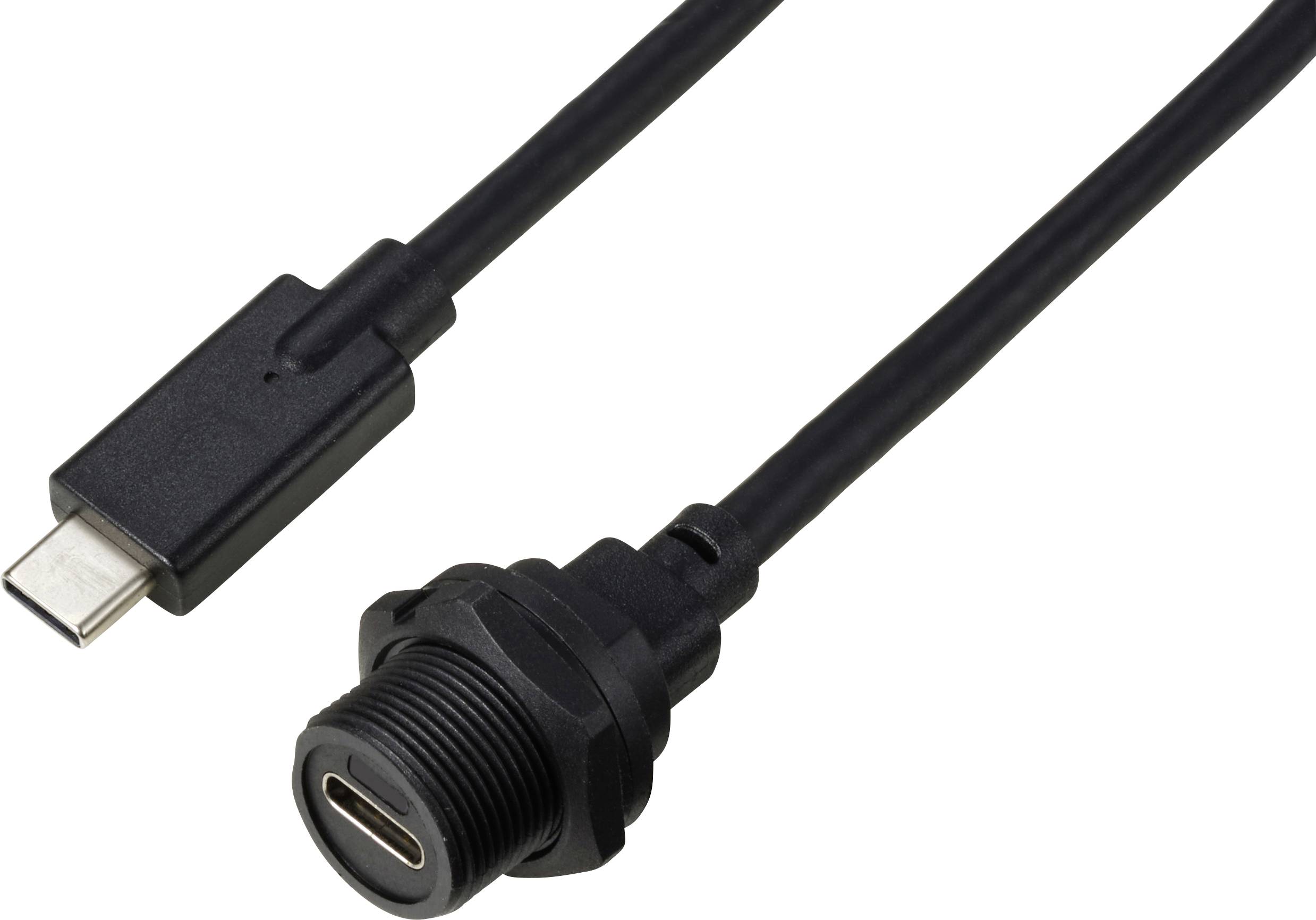 Un cavo nero USB-C con una spina e un connettore, adatto per il collegamento a dispositivi con porta USB-C.