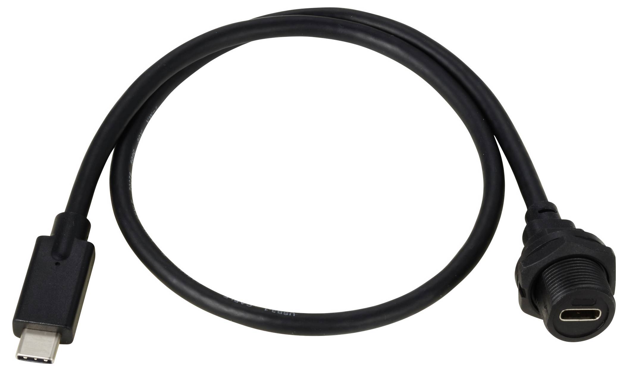Cavo USB-C nero con connettore maschio e femmina, idoneo per la ricarica e il trasferimento dati.