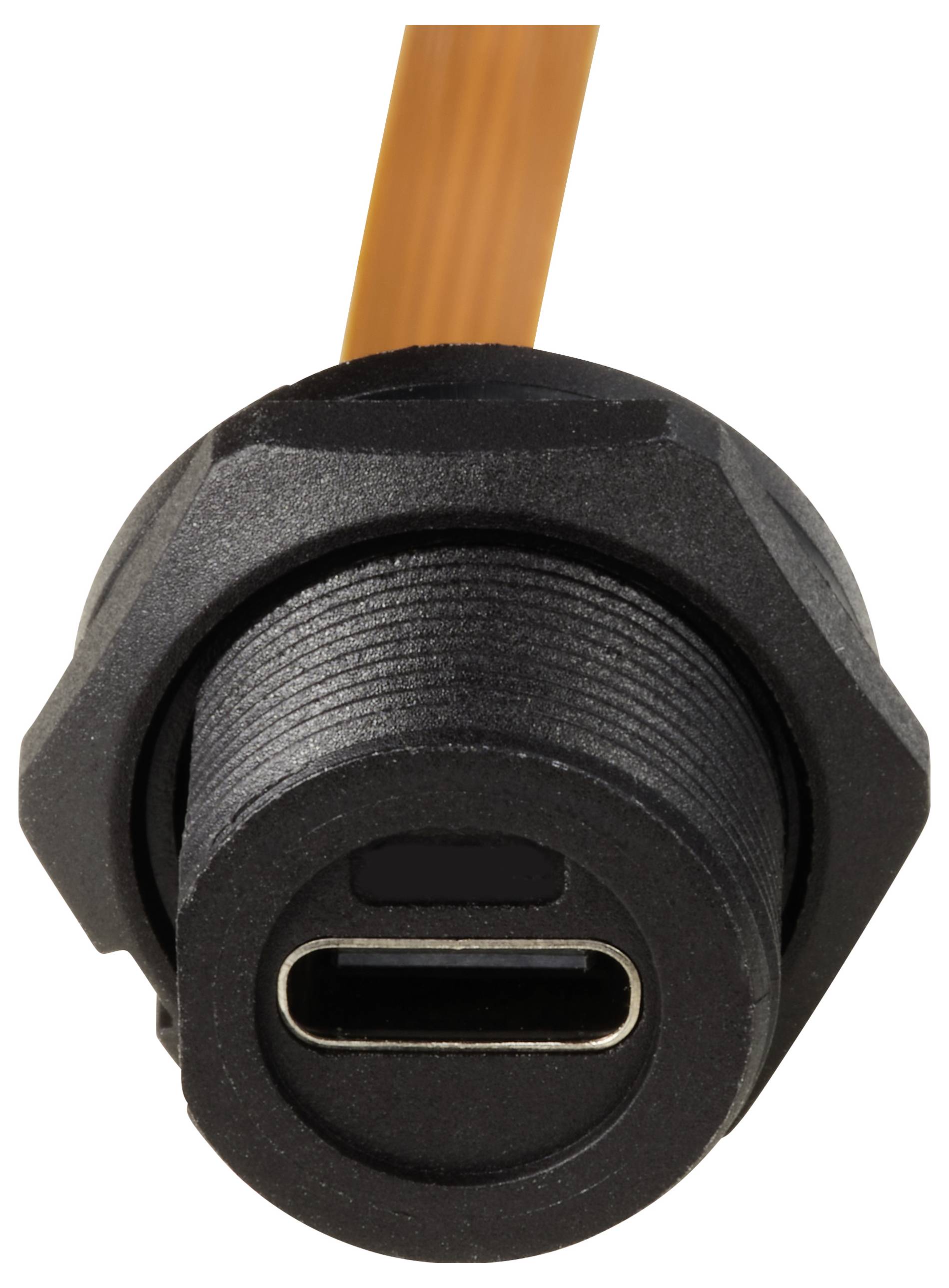 Un connettore USB-C nero con un cavo arancione fissato posteriormente.