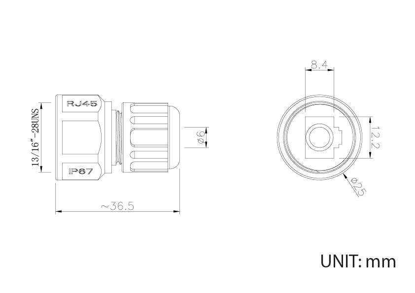 Disegno tecnico di un connettore circolare con marcatura RJ45 e IP67, che mostra vista laterale e vista dall'alto con quote in mm.