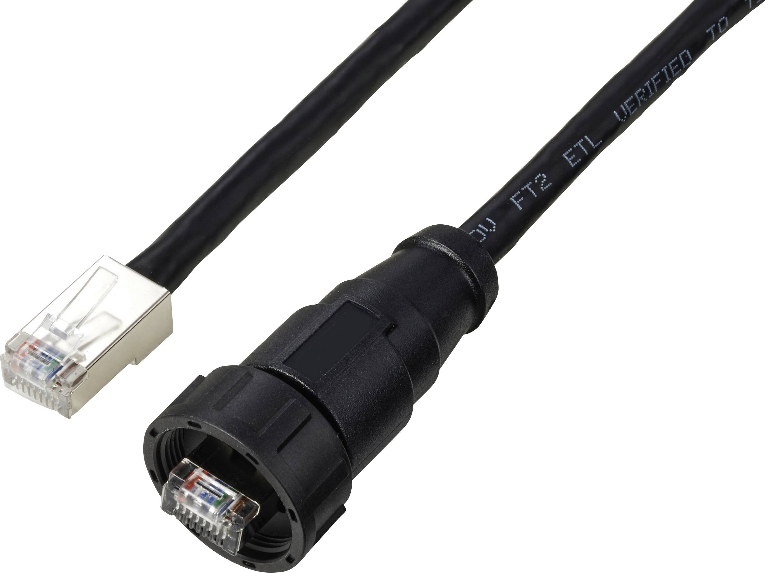 Due cavi di rete: a sinistra un connettore RJ45 standard, a destra un connettore robusto e impermeabile per applicazioni industriali.