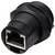 Presa di rete RJ45 nera con filettatura, idonea per montaggio a pannello o a parete, che mostra la vista del connettore con i pin visibili.