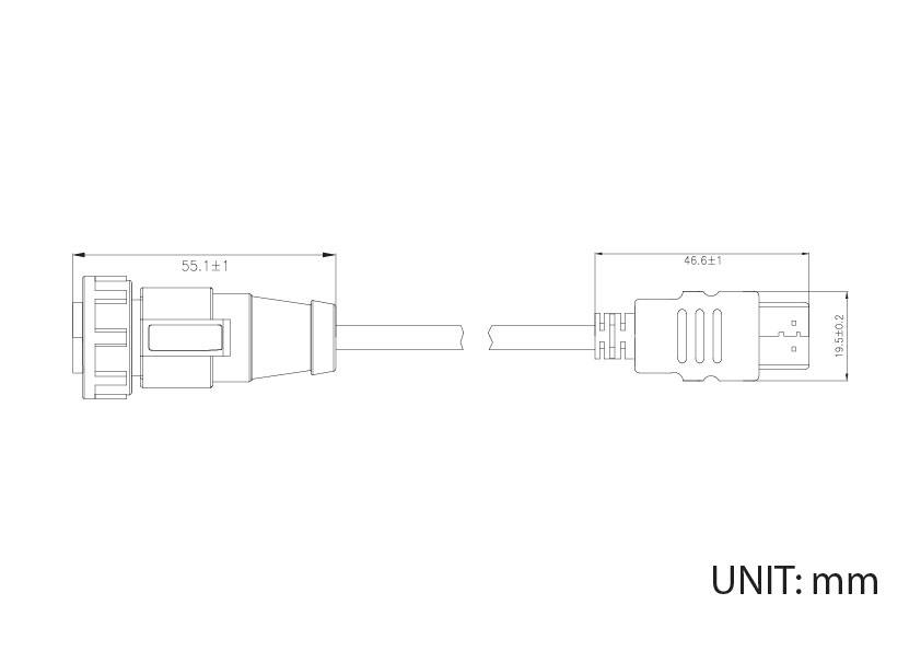 Disegno tecnico di un cavo USB con dimensioni: lato sinistro 55,1 mm, lato destro 46,6 mm. Unità: mm.
