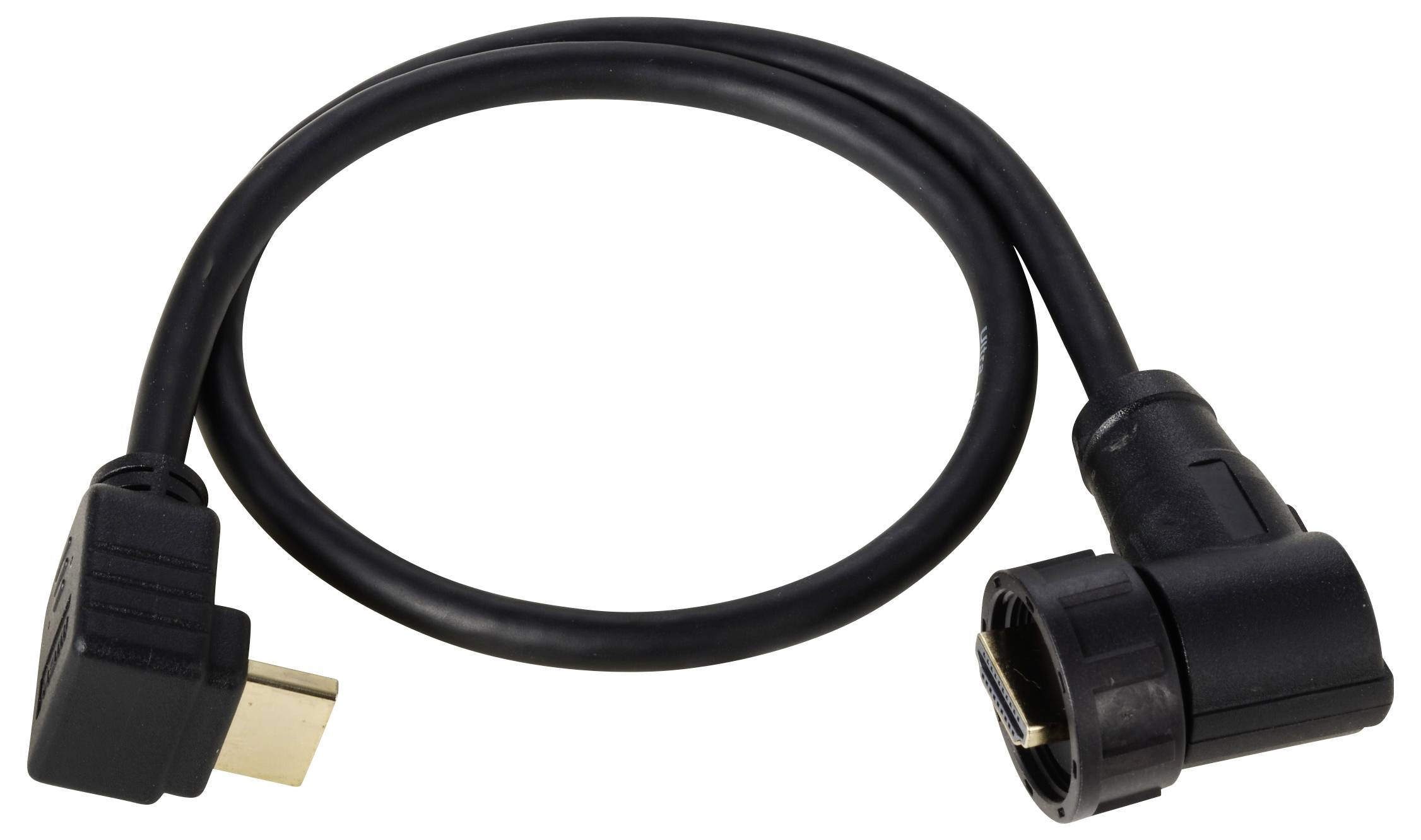 Cavo HDMI nero con connettori ad angolo, adatto per collegare dispositivi multimediali a schermi o proiettori.