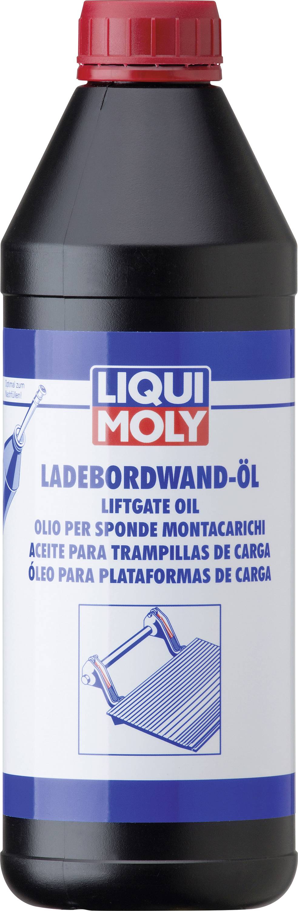 Bottiglia di olio Liqui Moly per piattaforme di carico con etichetta in più lingue e illustrazione di un ponte sollevatore.