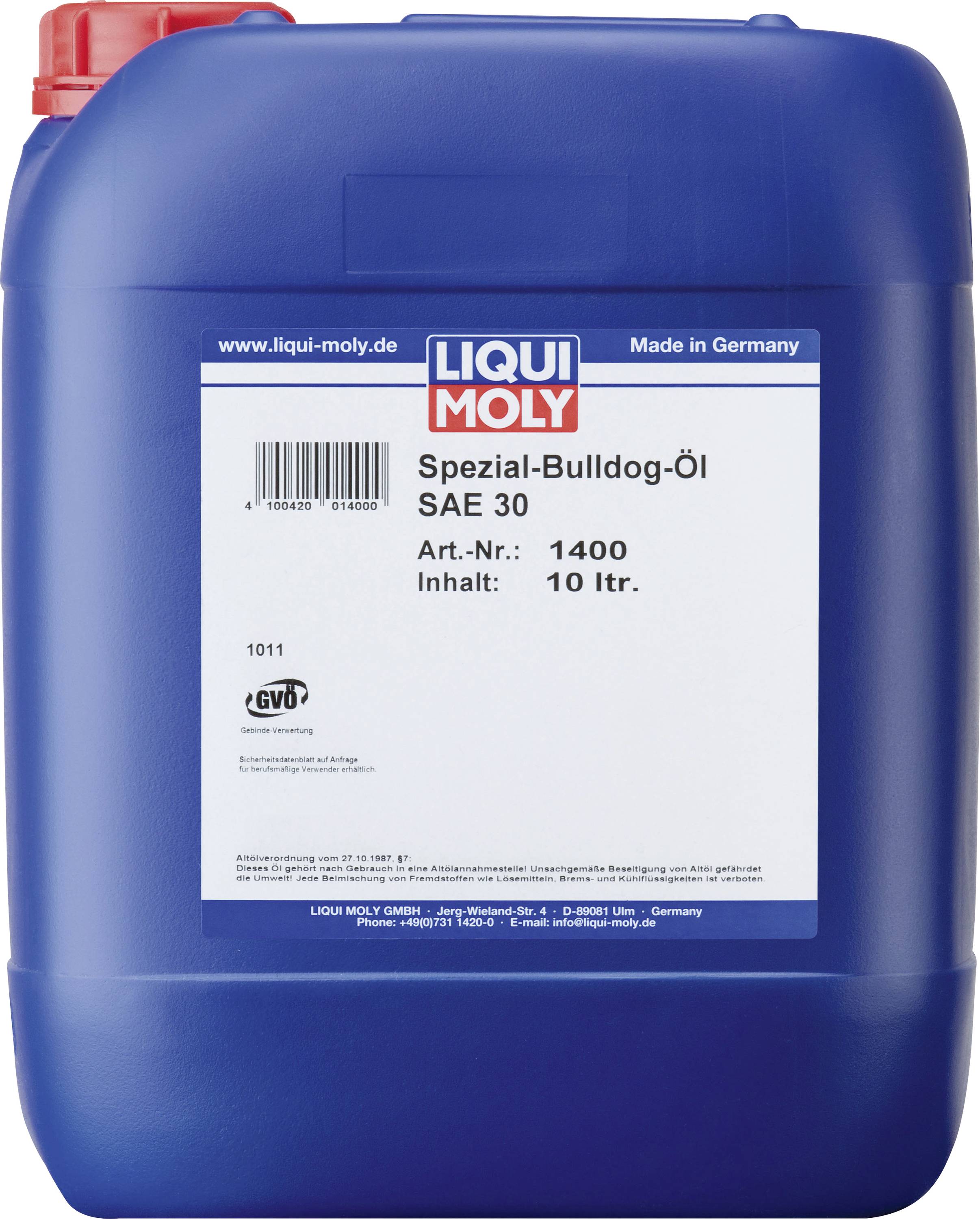 Un tanica blu con etichetta Liqui Moly, 'Olio Speciale Bulldog SAE 30', Cod. Art.: 1400, Contenuto: 10 lt.