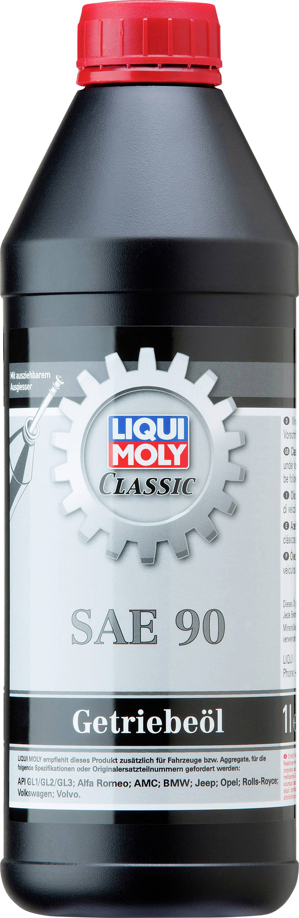 Una bottiglia nera con tappo rosso che mostra 'LIQUI MOLY CLASSIC SAE 90 Olio per Trasmissioni'. Contenuto da 1 litro. Adatto per auto d'epoca.