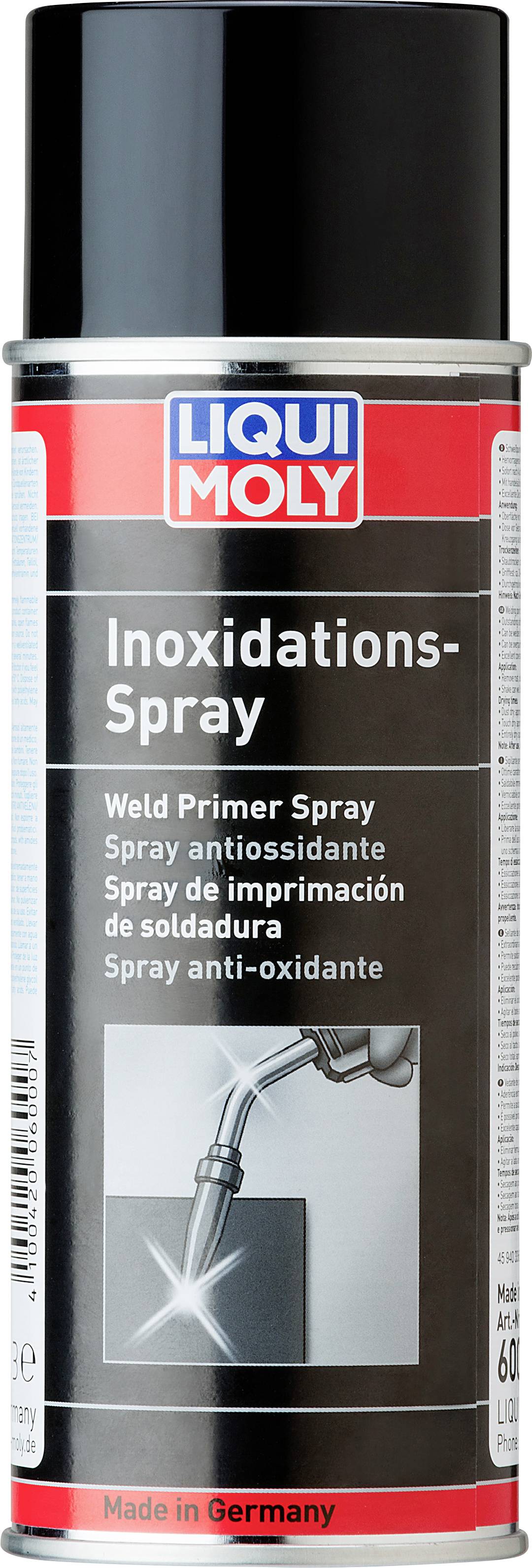Una lattina di 'LIQUI MOLY Spray Antincrostazione' con tappo nero e descrizione del prodotto in più lingue; prodotto in Germania.