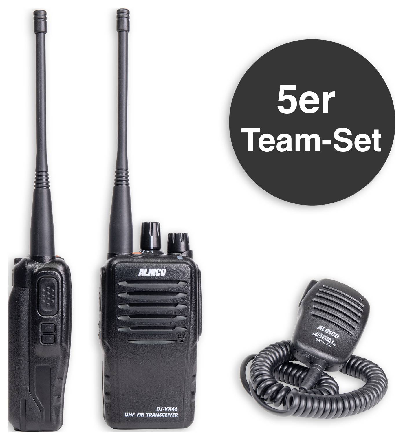 Set di ricetrasmettitori composto da cinque dispositivi (Alinco DJ-A446), incluso microfono a mano. Adatto per comunicazioni FM UHF.