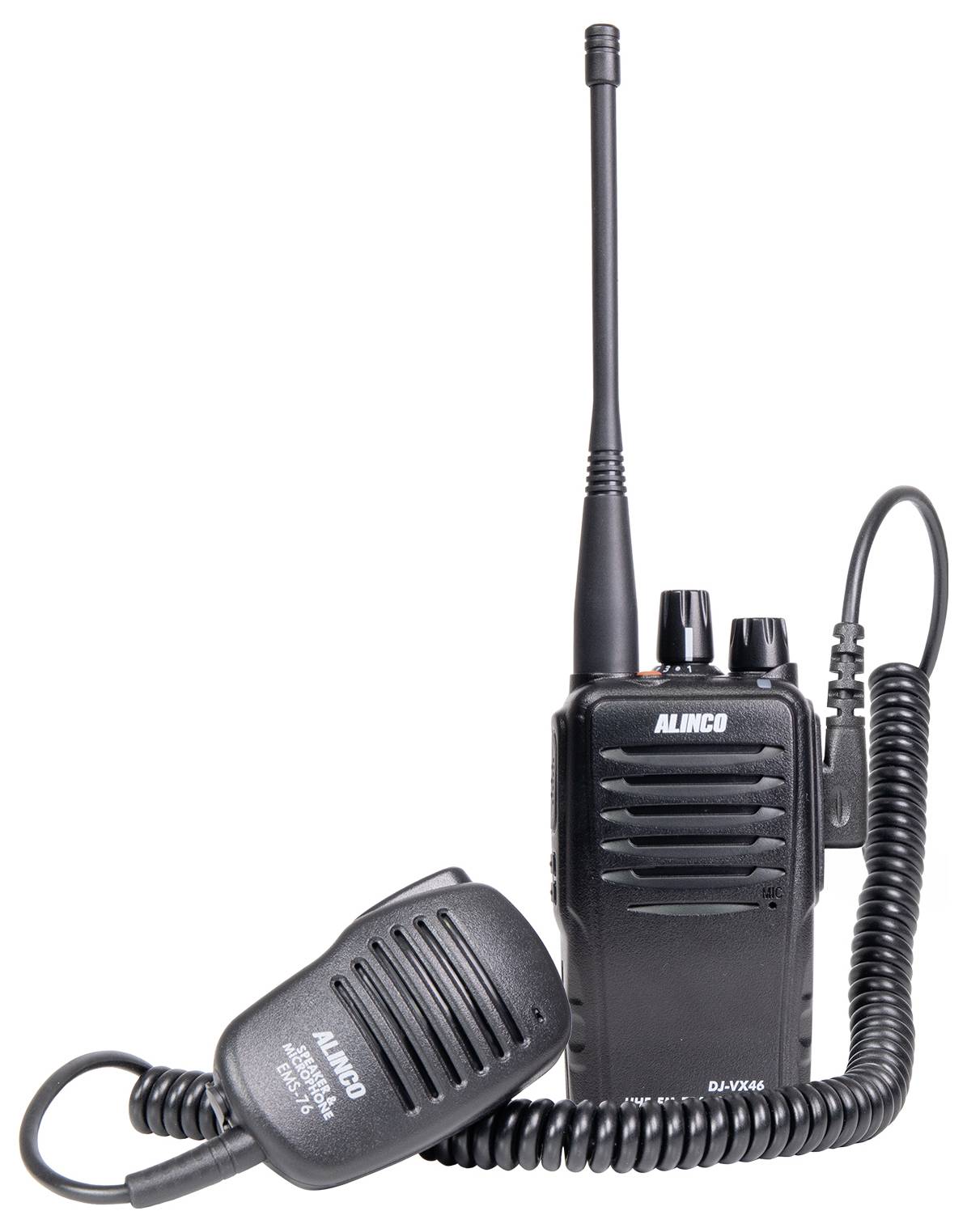 Un dispositivo radio portatile con microfono rimovibile. Il dispositivo ha un'antenna visibile e comandi sulla parte superiore.