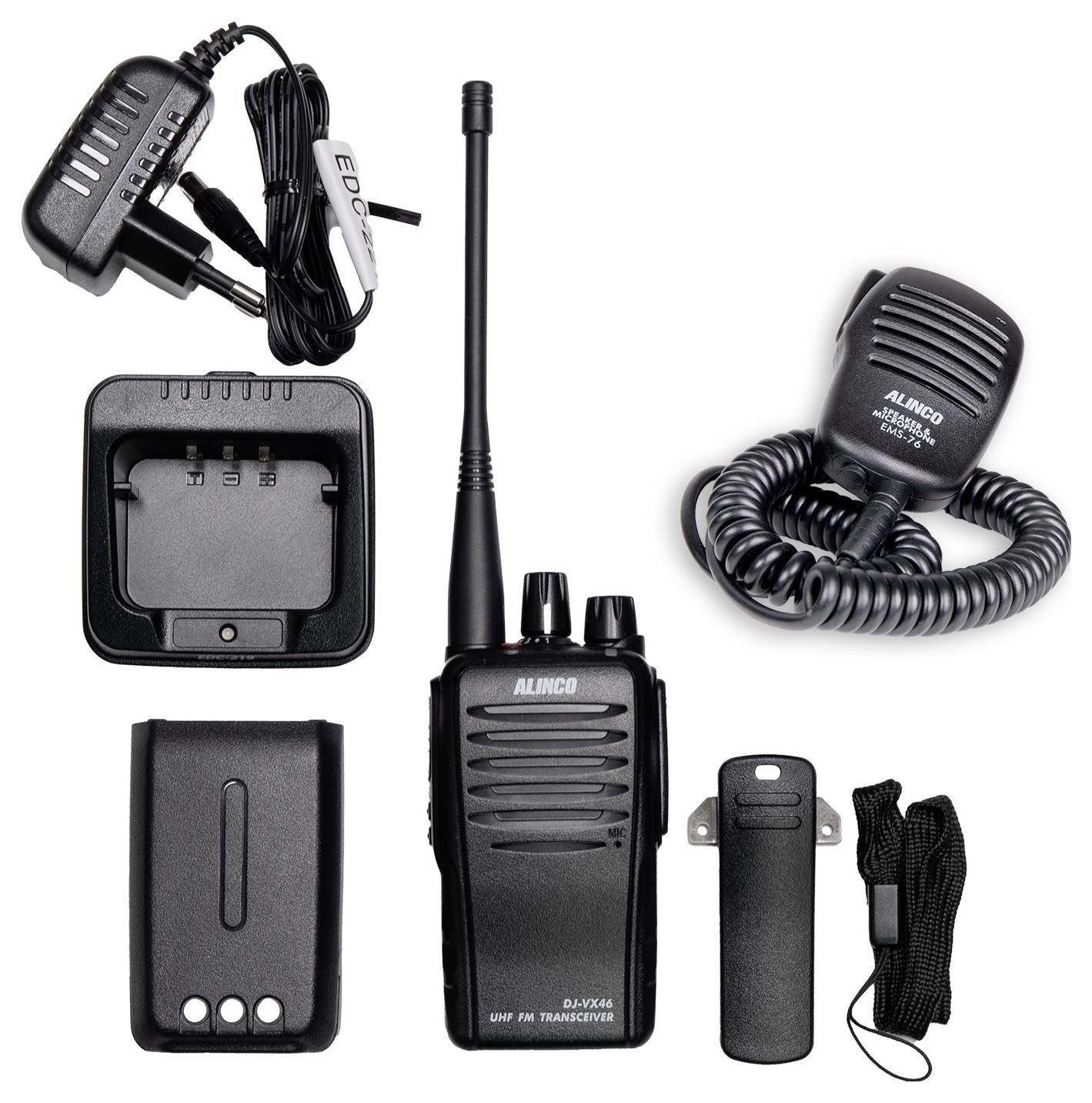 Un kit ricetrasmettitore comprendente un walkie-talkie, stazione di ricarica, microfono, batteria e clip da cintura, idoneo per comunicazioni professionali.