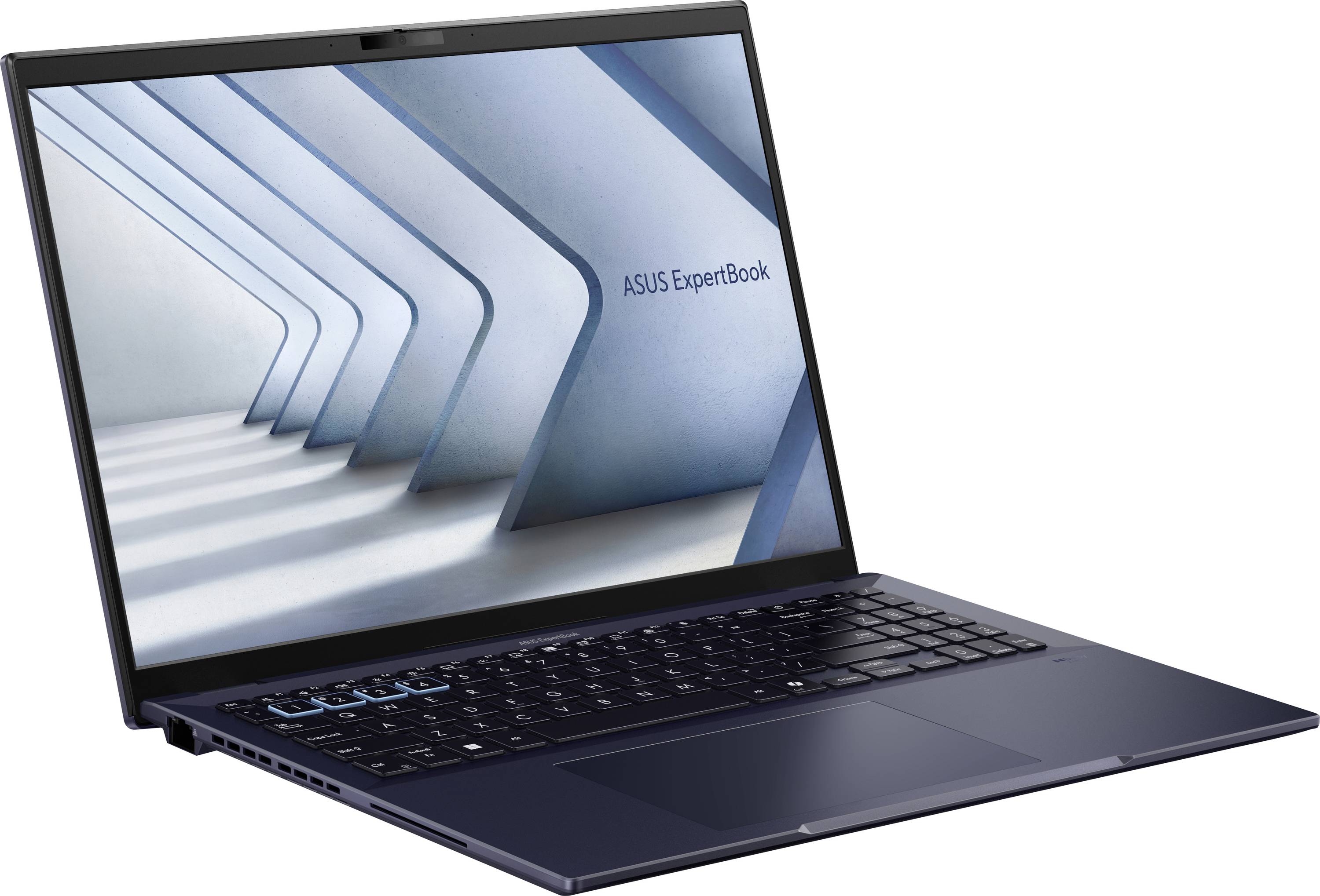 Un laptop ASUS ExpertBook con il coperchio aperto mostra uno sfondo moderno e futuristico sullo schermo.