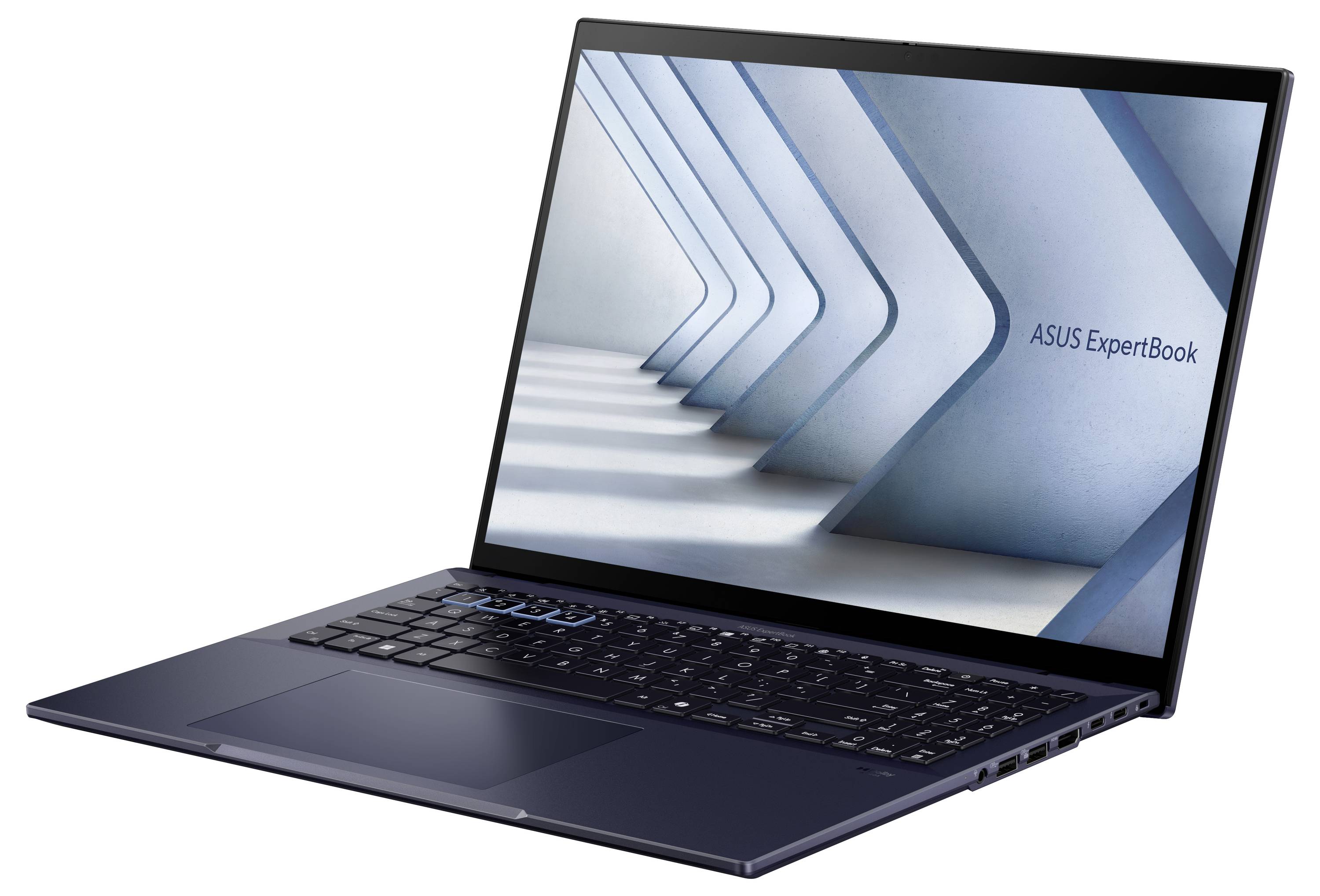 Un laptop con schermo acceso che mostra la scritta 'ASUS ExpertBook'. Il design include linee diagonali.