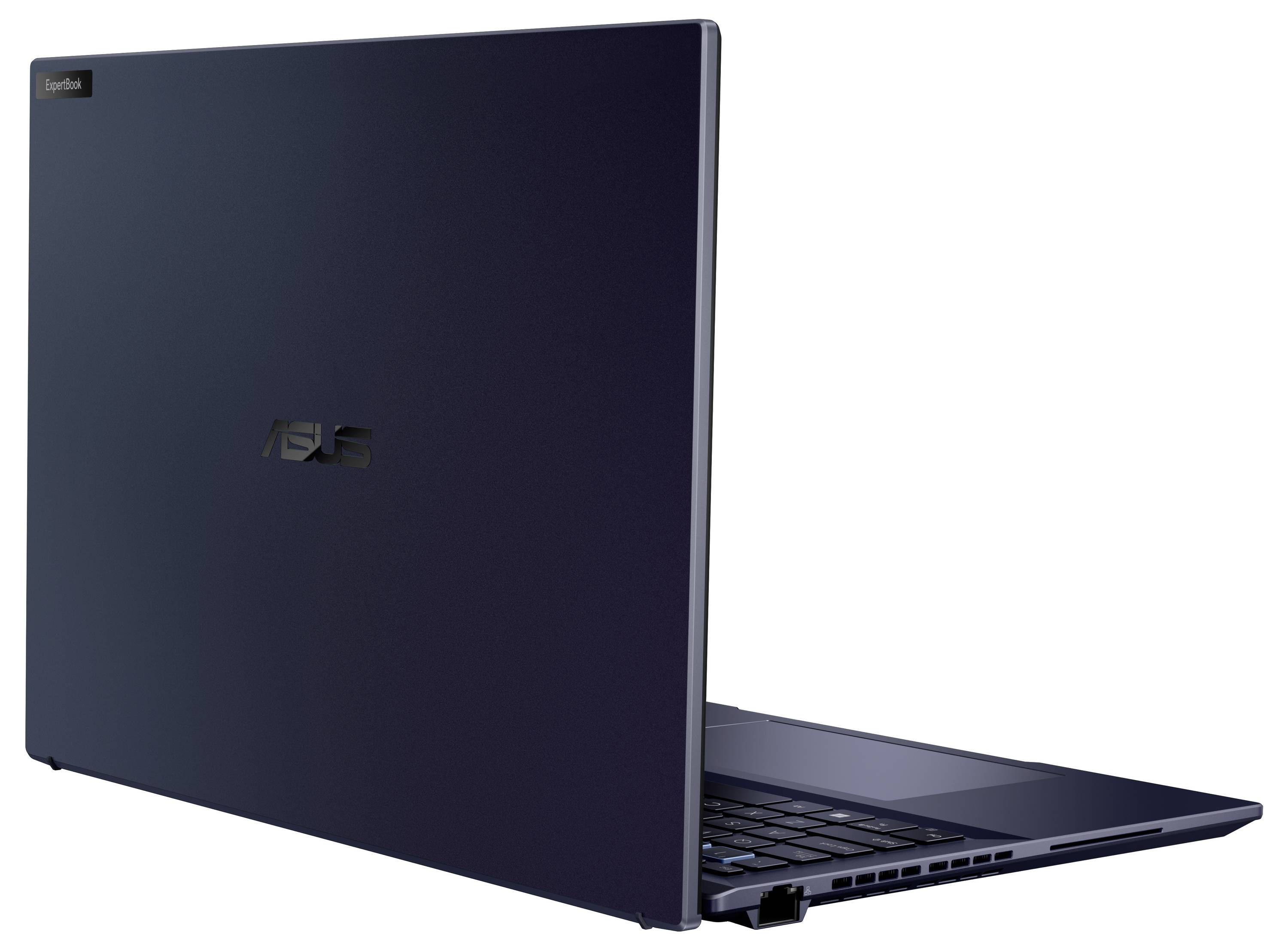 Un laptop ASUS aperto, di colore scuro, su una superficie bianca.