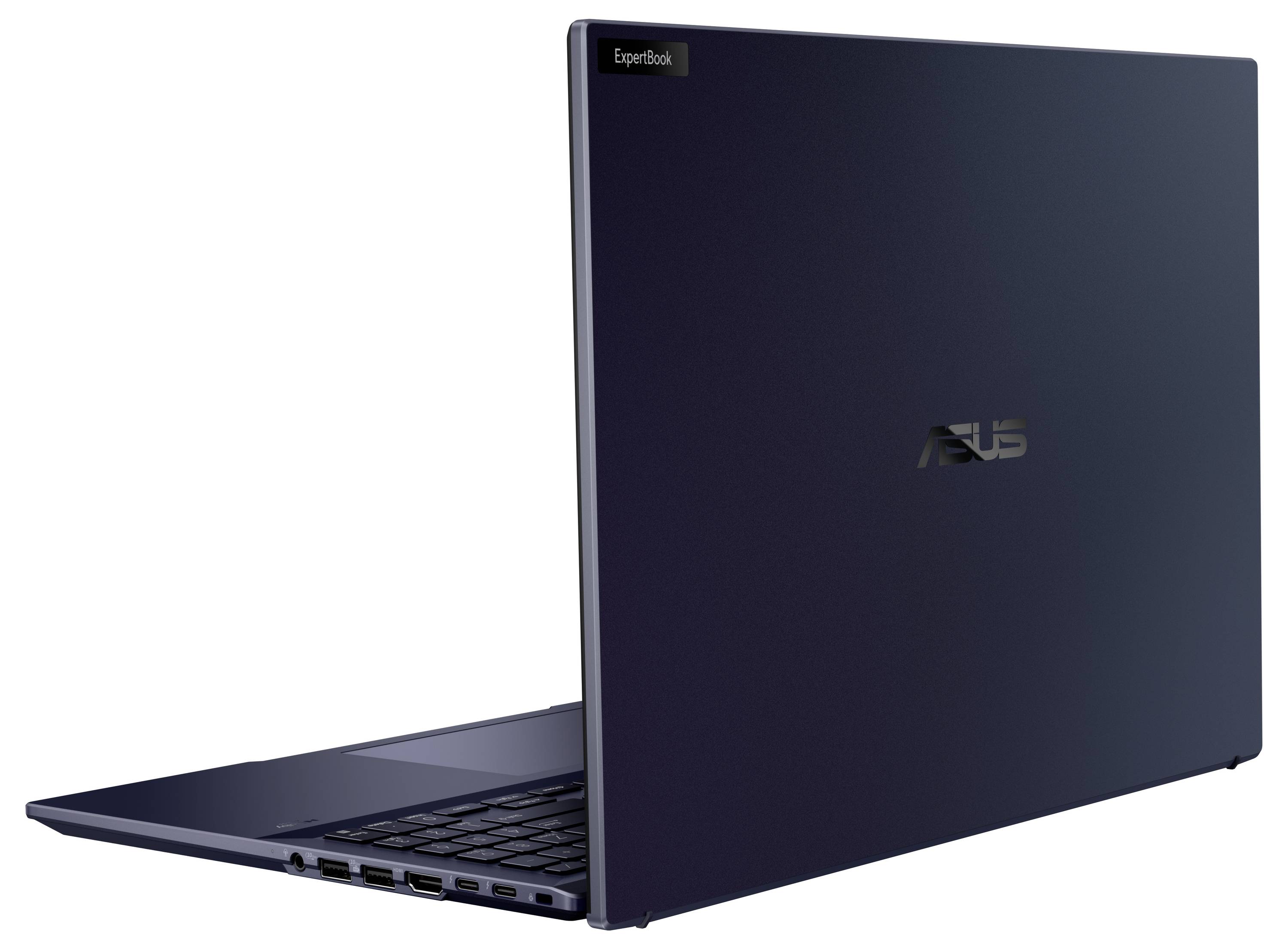 Un laptop nero visto di lato con il display parzialmente aperto. Il logo è visibile, lo sfondo è scuro.