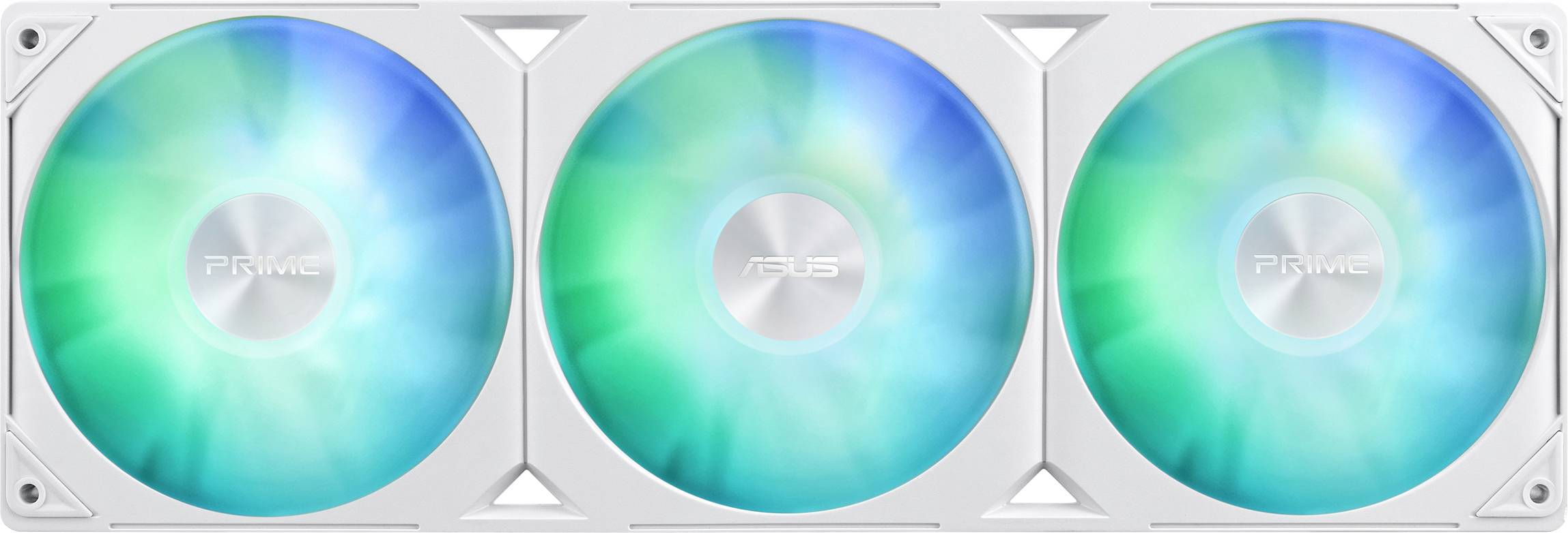 Tre ventole per computer affiancate, con involucro bianco e luci LED che brillano in tonalità di blu e verde.