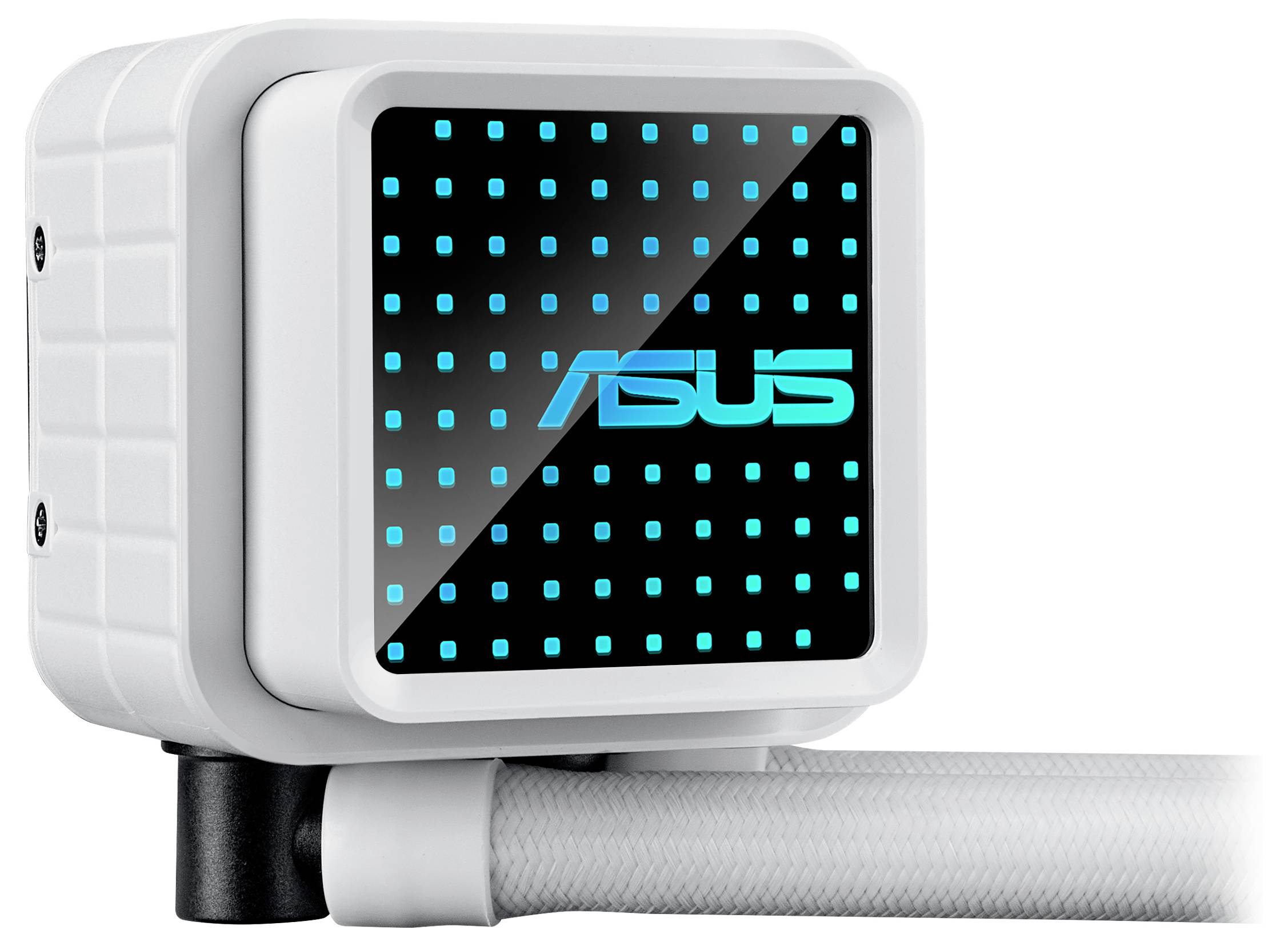 Dissipatore elettronico bianco di ASUS con display quadrato e logo blu, collegato con un cavo bianco, su sfondo bianco.