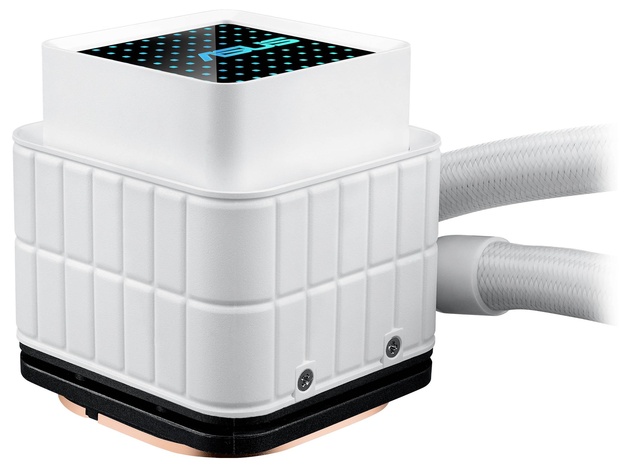 Un corpo refrigerante bianco a forma di cubo con un display digitale sulla parte superiore e tubi collegati, probabilmente per il raffreddamento.
