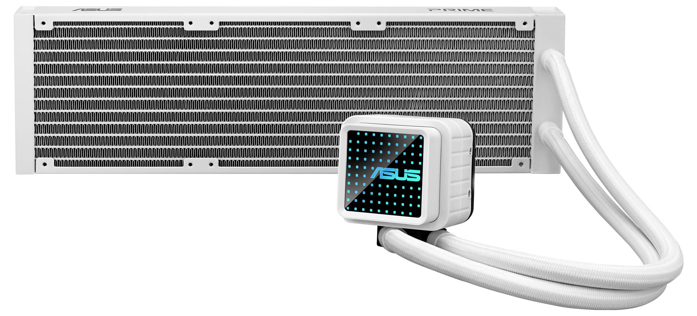 Radiatore in bianco con due tubi e logo ASUS illuminato.