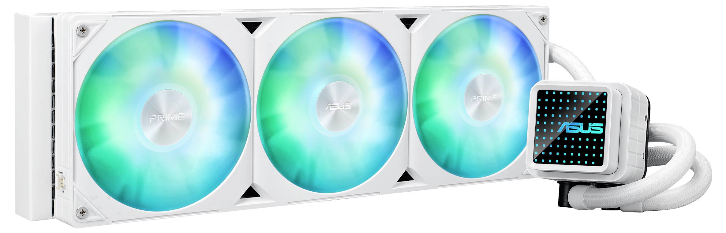 Un raffreddamento ad acqua ASUS con tre ventole illuminate in tonalità blu-verde, adatto all'utilizzo all'interno di un case per computer.