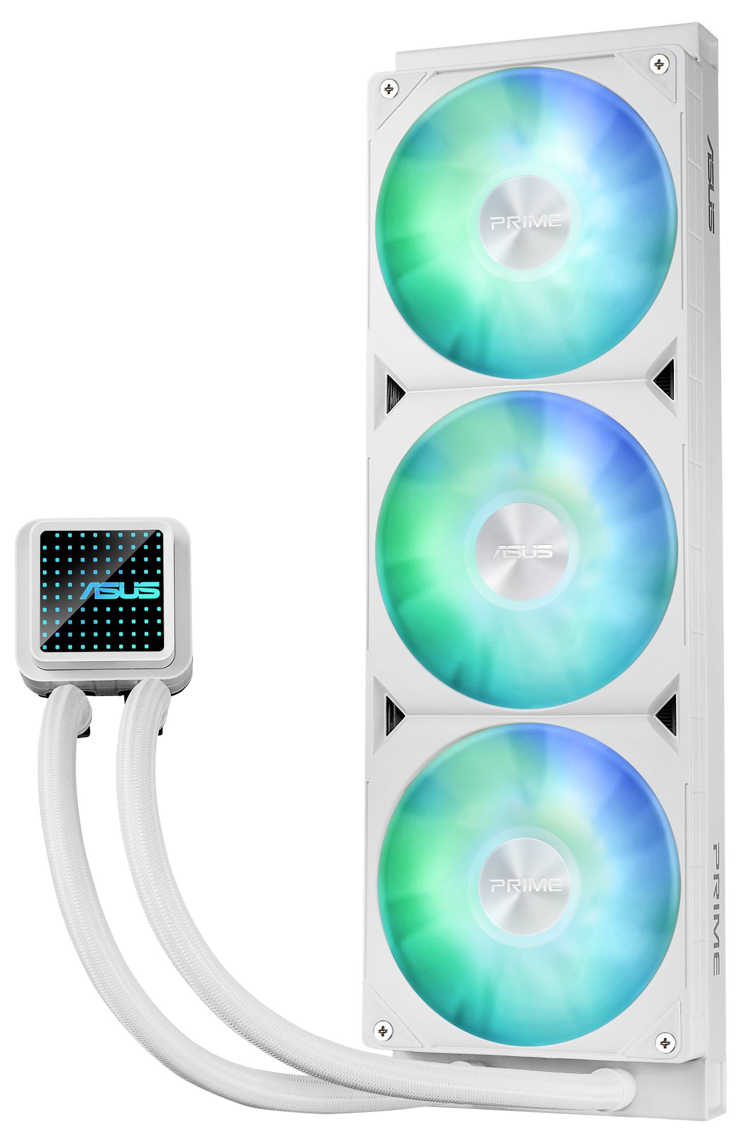 Un'unità di raffreddamento ad acqua ASUS con tre ventole illuminate in verde e blu. I tubi collegano il sistema di raffreddamento alla pompa.
