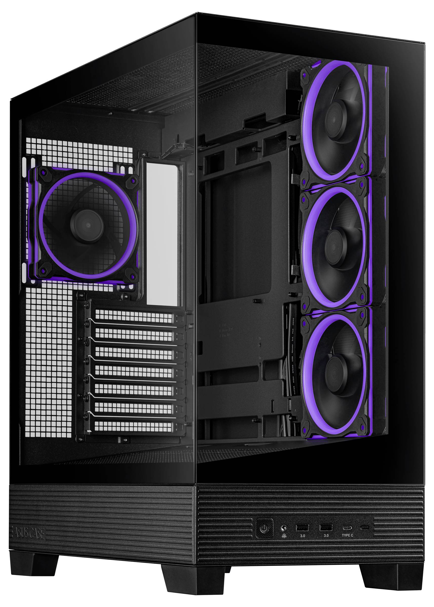 Un case per PC con una finestra in vetro trasparente mostra diversi ventole installate con illuminazione viola, ideale per setup da gaming.
