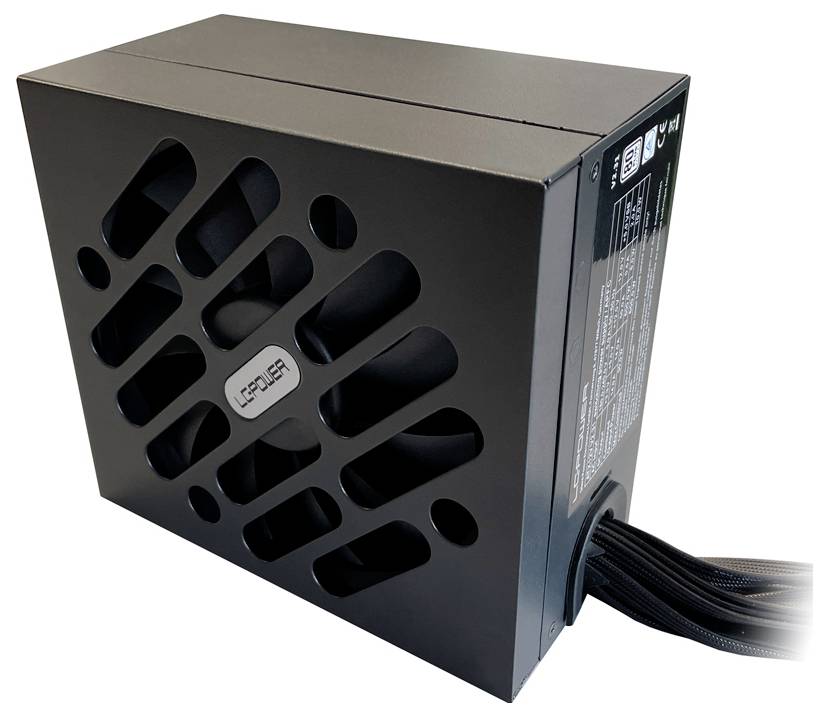 'Alimentatore nero per computer con fessure di ventilazione e fasci di cavi sul lato, nome del marchio sulla parte anteriore.'