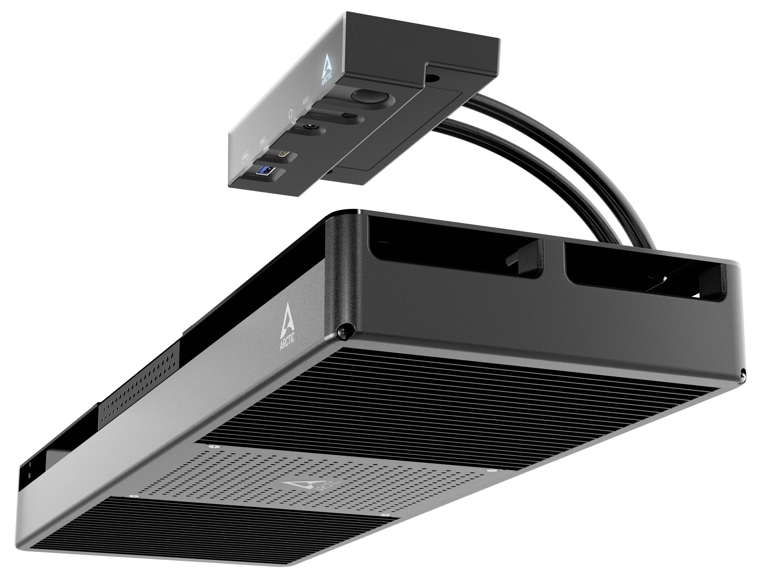 Un corpo illuminante nero a LED con accessori, idoneo per il montaggio a soffitto. Ideale per l'illuminazione di ambienti o studi.