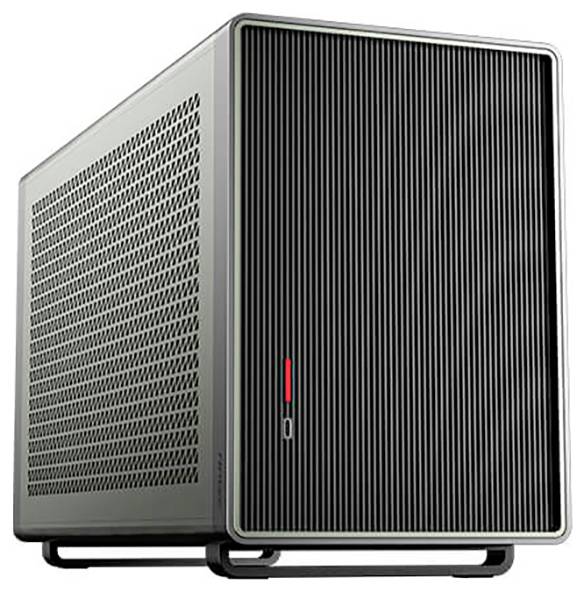 Un case per computer nero con ventilazione verticale e un indicatore LED sul lato frontale.