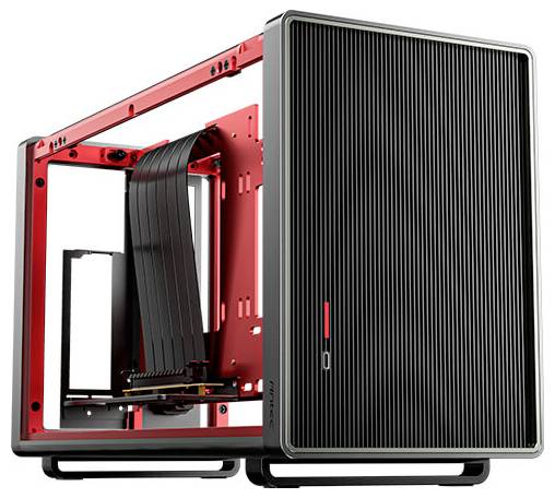 Case per PC in design aperto, con colorazione rosso-nera, dotato di supporto laterale per il fissaggio di componenti come schede grafiche.