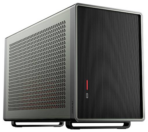 Un tower nero moderno per computer, con griglie di ventilazione sui lati e un accento rosso sulla parte anteriore.
