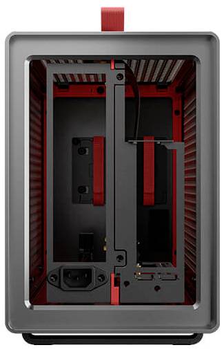 Custodia per computer compatta e aperta con manico rosso, adatta per schede madri Mini-ITX. Ideale per build di PC portatili.