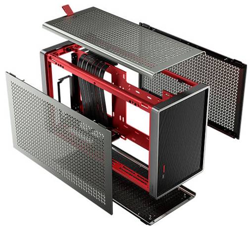 Un case per computer tagliato a metà in nero e rosso mostra il layout interno e le strutture di ventilazione con pannelli laterali rimovibili.