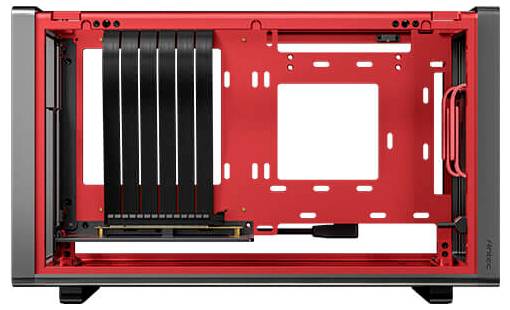 Case PC rosso con parte anteriore aperta e supporti verticali per slot, adatto all'installazione di componenti per computer.