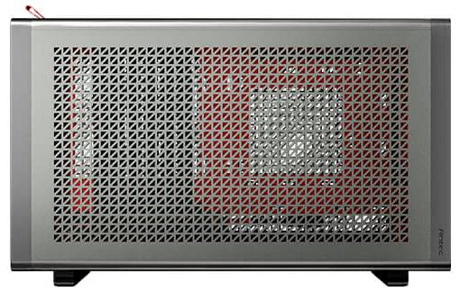 Custodia per computer in argento con design a griglia sul lato.