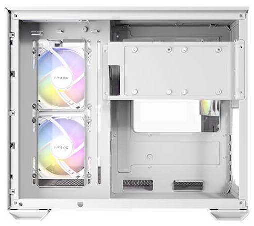 Custodia per computer bianca, due ventole con illuminazione RGB sul lato sinistro, lato destro aperto, mostra lo spazio per l'installazione dei componenti.