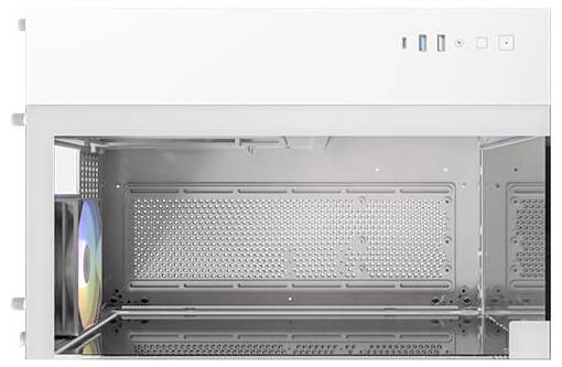 Case per computer vuoto in bianco con vani per unità e fessure di ventilazione visibili; adatto per componenti PC.