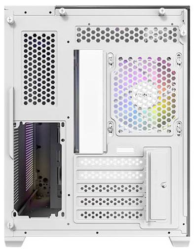 Retro di un case per computer con diverse griglie di ventilazione e un ventilatore illuminato. A sinistra sono visibili gli slot di espansione.