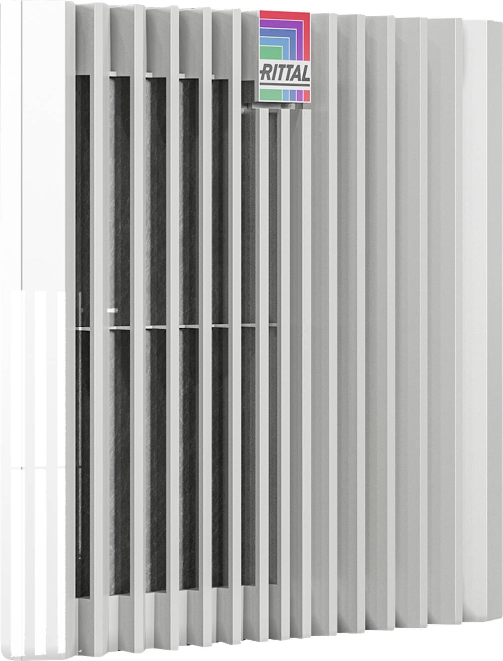 Un dissipatore di calore bianco con alette verticali e un logo 'Rittal' colorato in alto a destra.