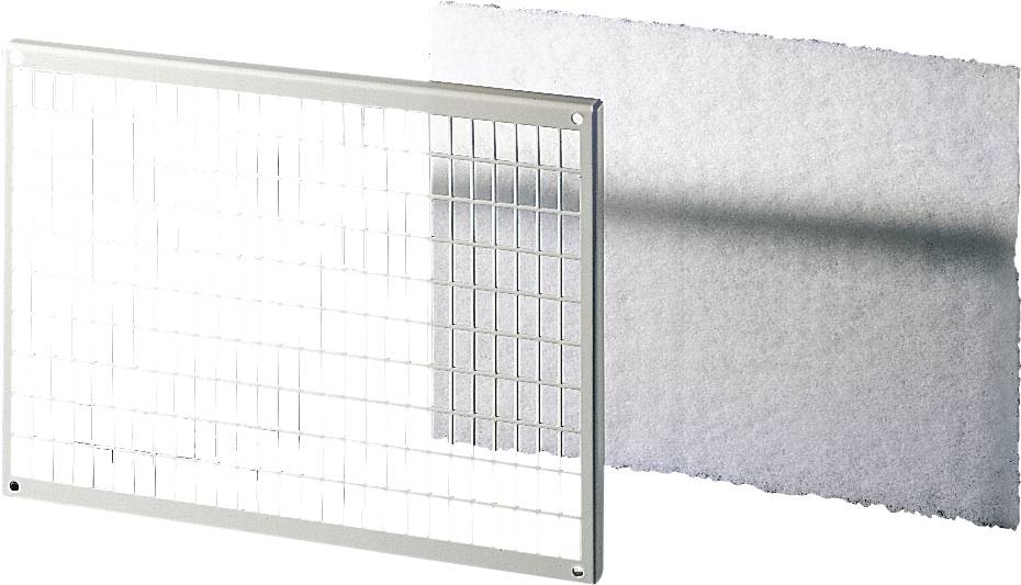 Filtro dell'aria con griglia rettangolare in alluminio e materiale filtrante bianco retrostante, utilizzato per la pulizia dell'aria in dispositivi tecnici.