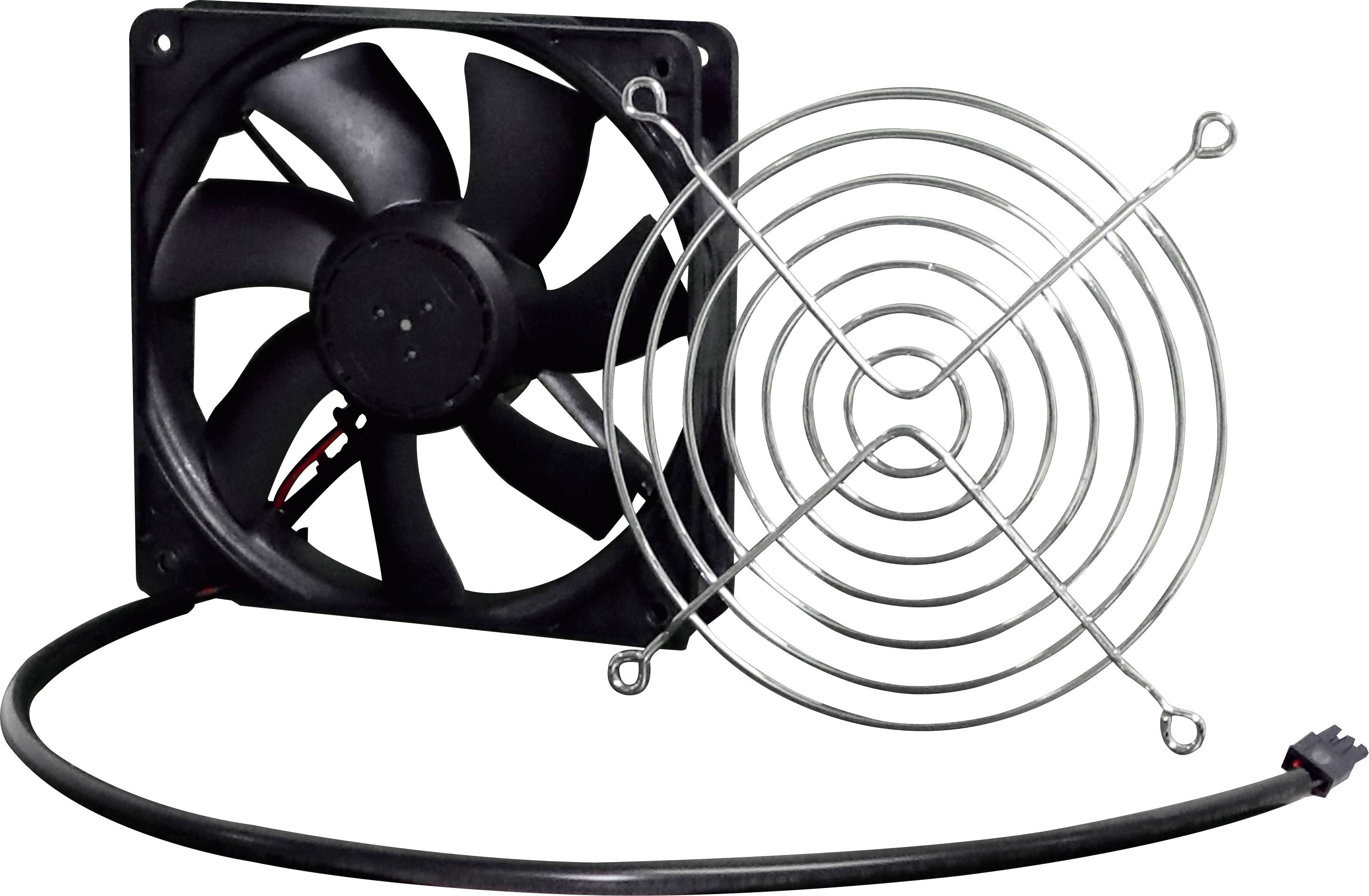 Un ventilatore nero con griglia di protezione e cavo. Il ventilatore ha sette pale ed è adatto per il raffreddamento.