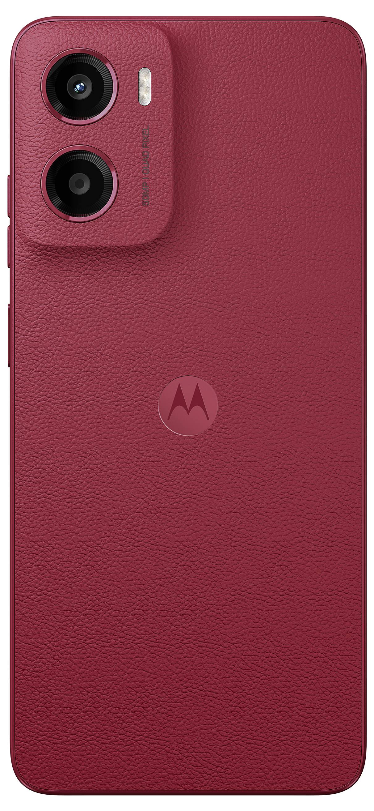 Uno smartphone rosso con doppia fotocamera posteriore e retro texture con il logo Motorola.