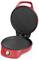 Un dispositivo da cucina rosso con un coperchio rotondo antiaderente per grigliare e un manico. Dispone di un quadrante per il timer e di spie di controllo.
