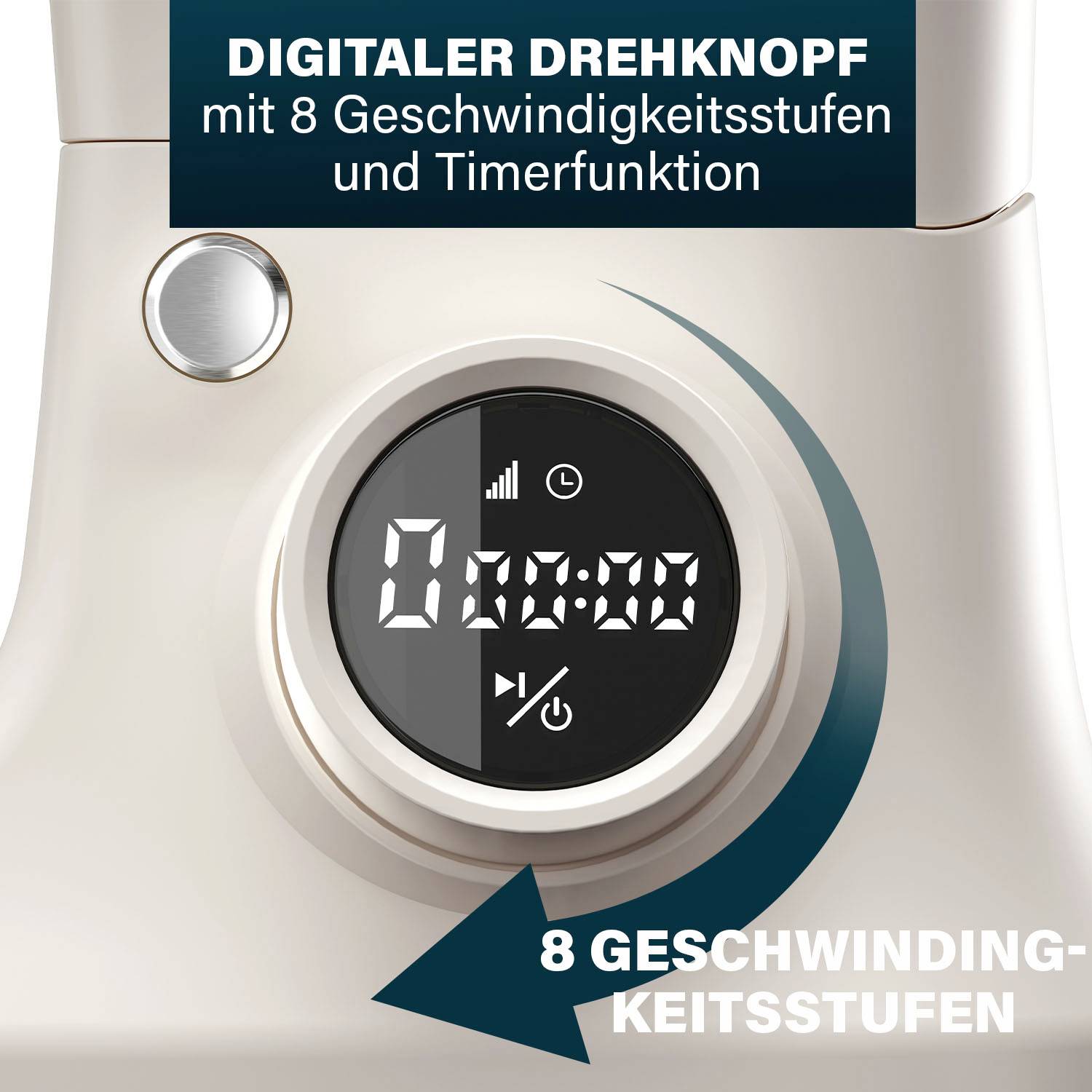 Manopola digitale girevole su un dispositivo da cucina che mostra il timer e 8 livelli di velocità. In alto è scritto 'Manopola digitale girevole con 8 livelli di velocità e funzione timer'.