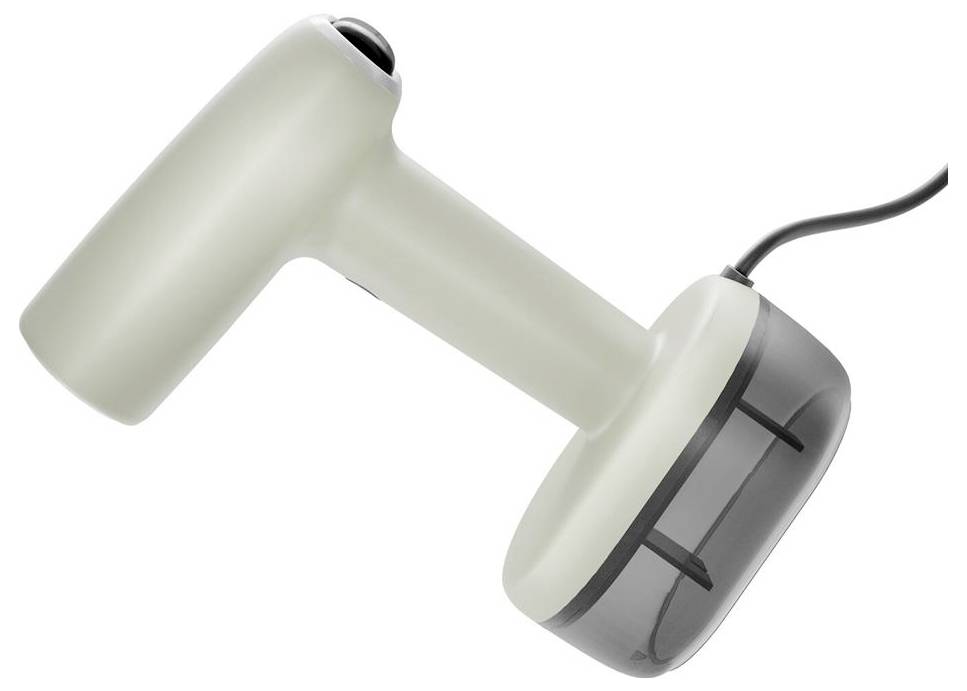 Un vapore portatile a mano in grigio con serbatoio dell'acqua removibile; ideale per stirare i tessuti.