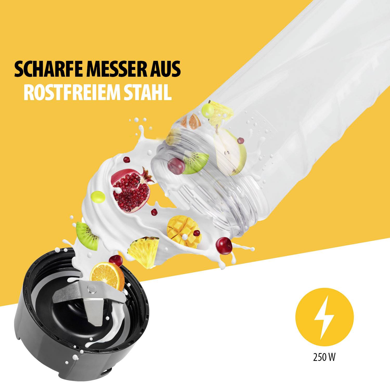 Frullatore indipendente con lame in acciaio inossidabile, miscela frutta come melograno e kiwi. Testo: 'Lame affilate in acciaio inossidabile'. 250 W.