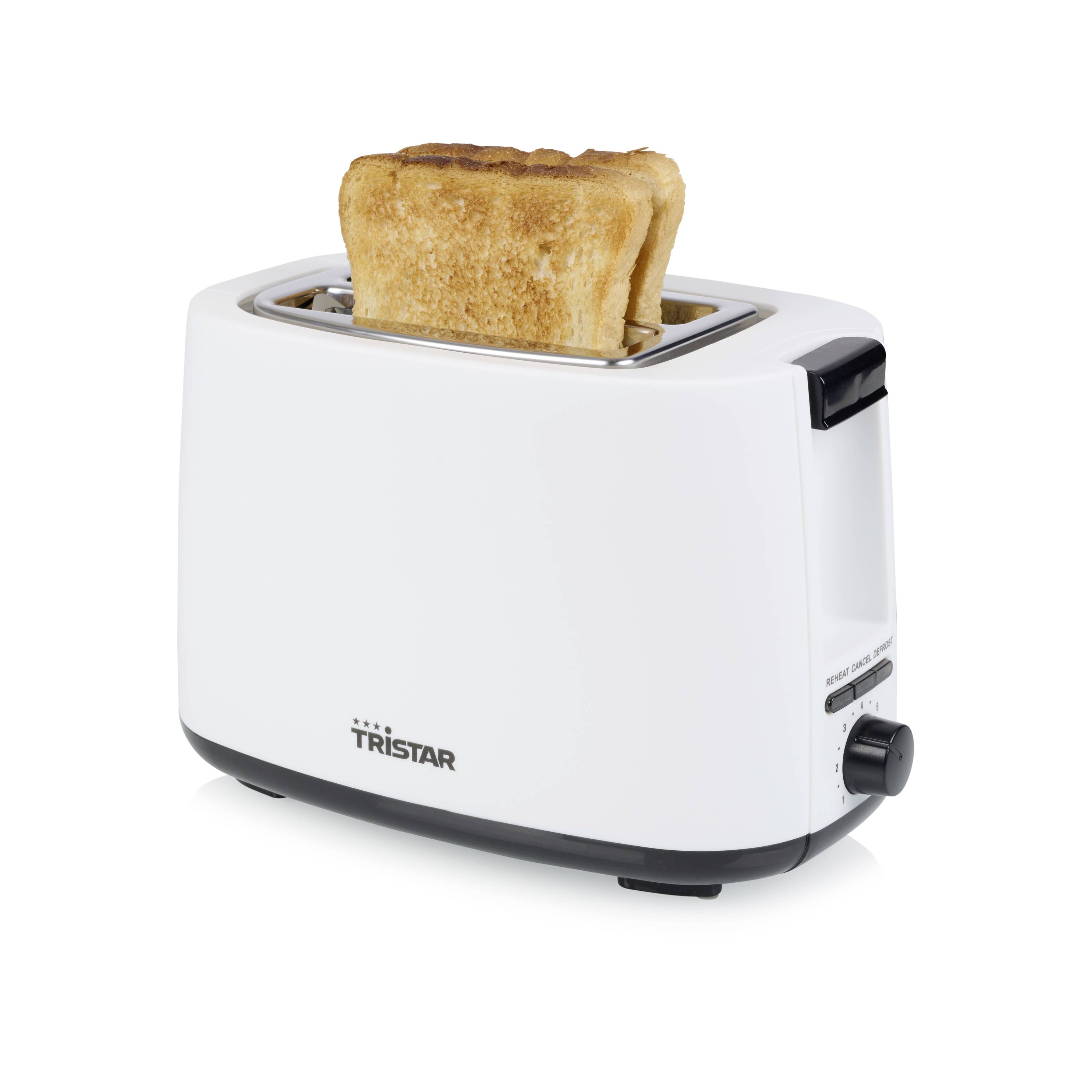 Un tostapane bianco con due fette di pane leggermente abbrustolite che spuntano fuori.