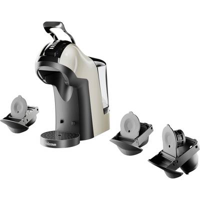 Un distributore di capsule da caffè bianco e nero con serbatoio dell'acqua estraibile, circondato da tre portacapsule diversi.