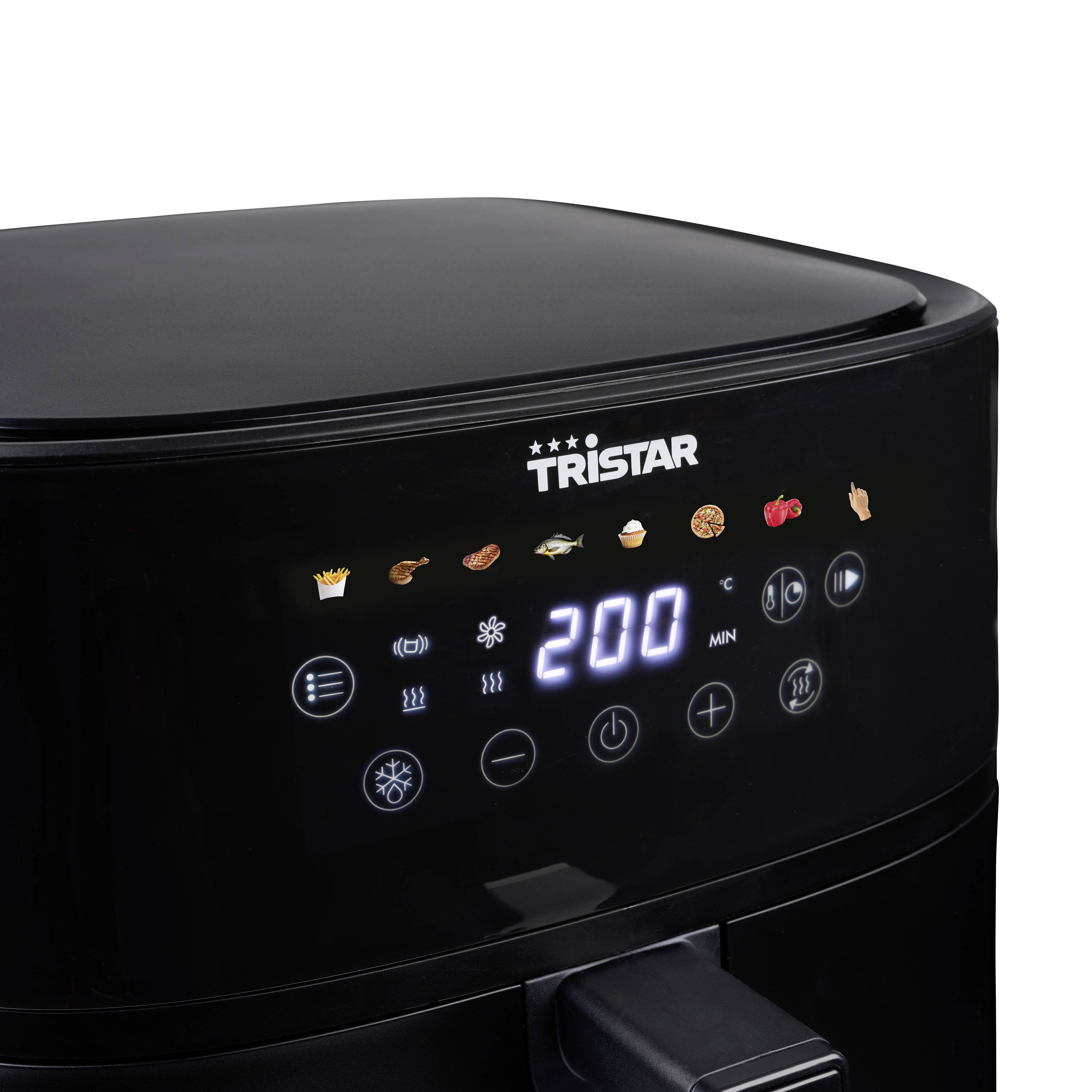 Friggitrice ad aria calda nera con display LED e pannello di controllo touch. L'indicatore di temperatura mostra '200 gradi'. Modi diversi selezionabili.