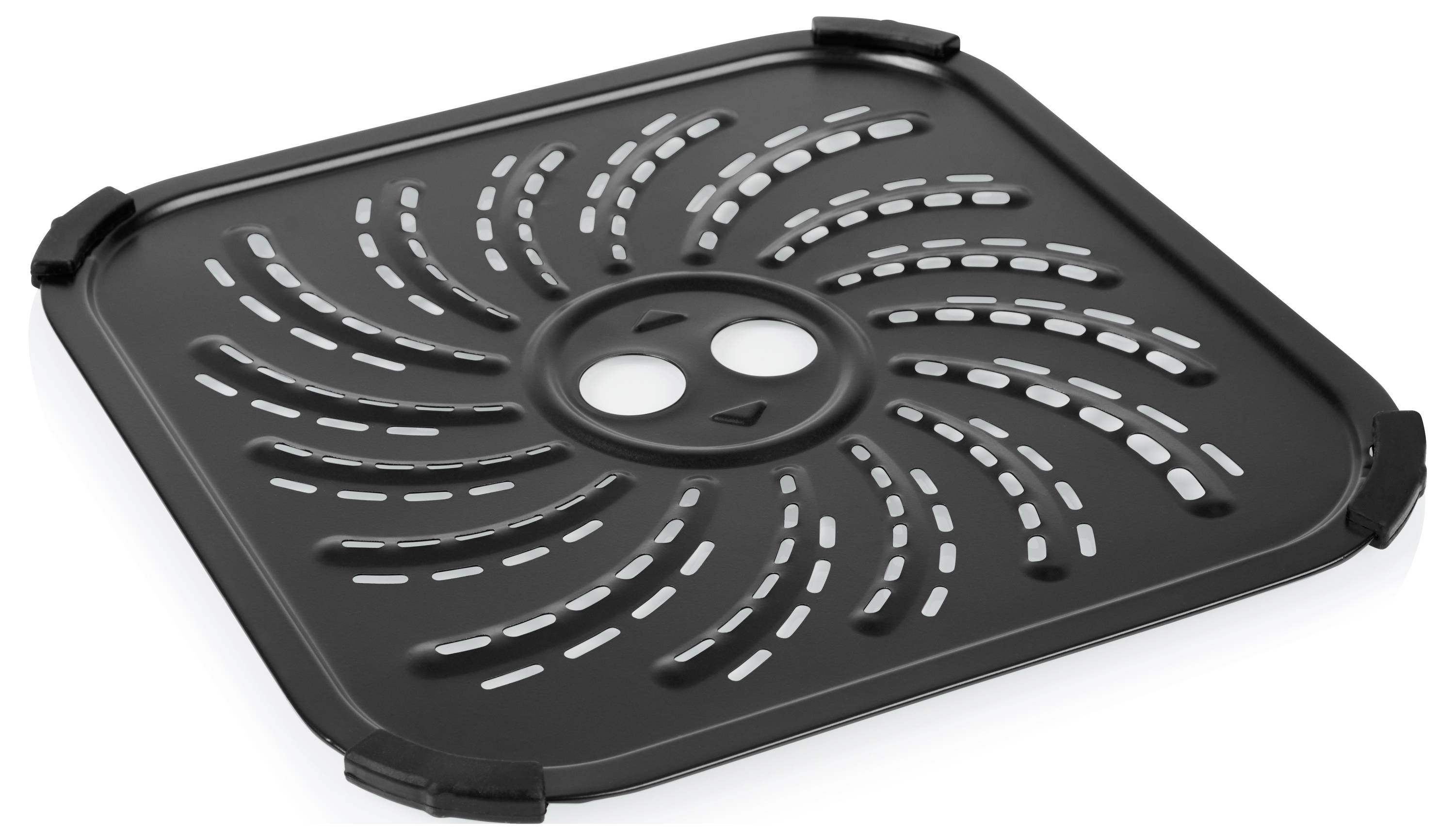 Griglia di scarico nera con motivo a spirale.